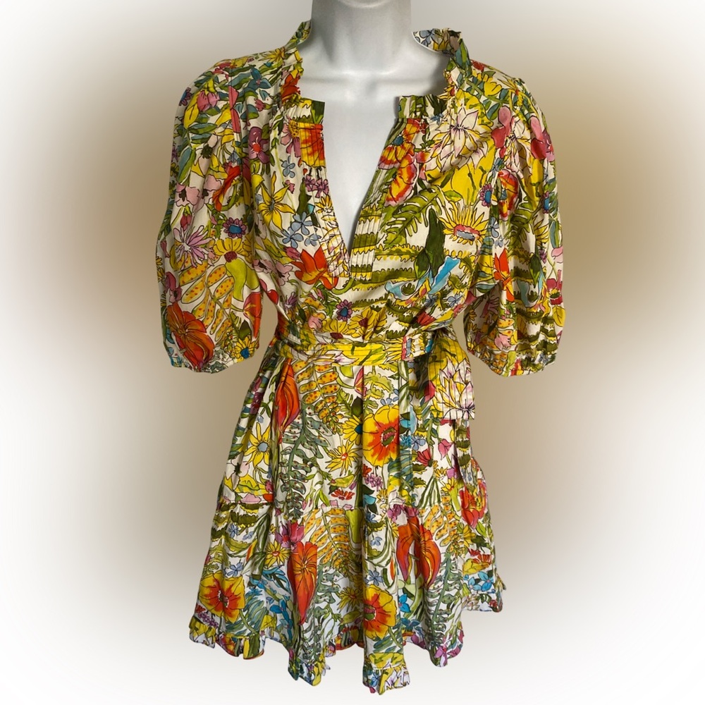 Marie Oliver Floral Puff-Sleeve Mini Dress in Yellow, Green, Red, Blue